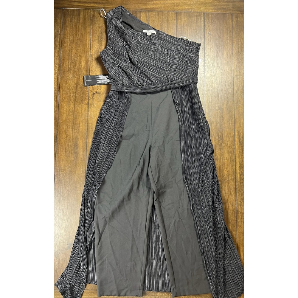 Kay Unger One Shoulder Pleated Metallic Walk Through Jumpsuit Black 16 5542252